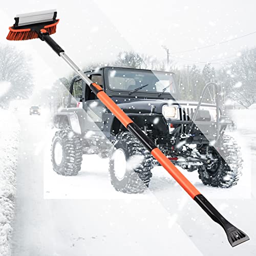 57 inch Car Snow Brush with Ice Scraper and Squeegee for Car Windshield, Extendable Snow Scraper and Brush for Car SUV Truck Bus Boat Detachable, Snow Removal, Frosting Removal, Shovel Ice