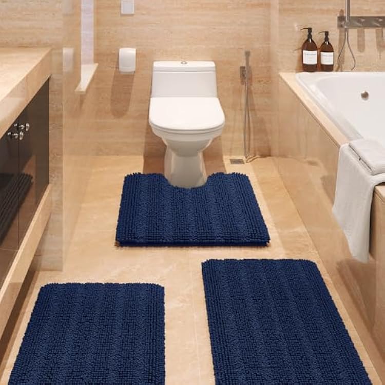 ACCUMTEK Striped Navy Blue Bathroom Rug Set 3 Pieces Ultra Soft, Non Slip Chenille Toilet Mat, Absorbent Plush Shaggy Bath Mats for Bathroom, Bedroom, Kitchen