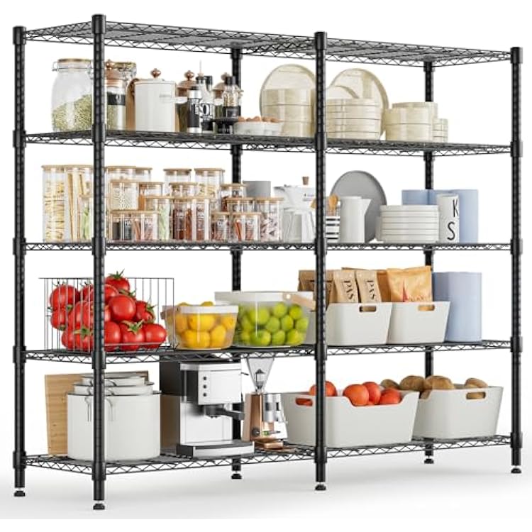 Himimi 72 W Wire Rack Shelving-2000LBS Capacity, Adjustable Storage Shelves Metal Shelves for Storage, 5-Tier Wire Organizer for Kitchen, Garage, Pantry, 72 W x 18 D x 72 H, Black