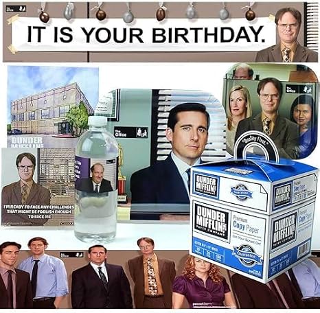 The Office Party Kit: Dunder Mifflin Party Planning Committee Approved Party Pack: Paper Plates, Napkins, Table Covers, Dwight Schrute, Michael Scott, and More! (Basic, 8 Guests), Brown