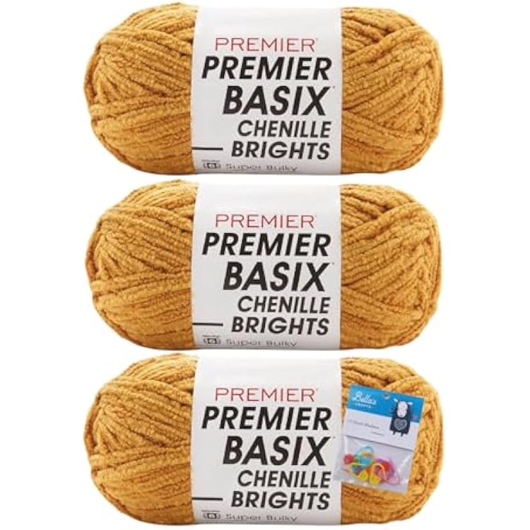 Premier Yarns Basix Chenille Brights Yarn 5.3 Oz Each Skein 6 Super Bulky Chunky Weight 3 Pack Bundle with Bellas Crafts Stitch Markers Mustard
