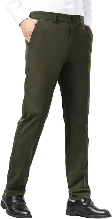 Plaid&Plain Men's Slim Fit Dress Pants Stretch Khaki Pants Wrinkle Free
