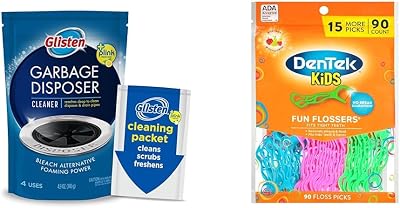 Glisten Garbage Disposer Cleaner and Freshener, Sink Disposal Odor Eliminator with Foaming Action, Lemon Scent, 4 Packets and DenTek Kids Fun Flossers, Wild Fruit, 90 Count