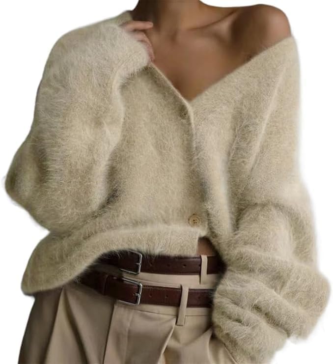 Womens Fuzzy Sweaters Cardigan V-Neck Button Down Oversized Mohair Sweater Casual Y2k 2025 Fall Winter