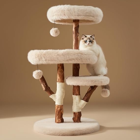 Erinnyees 44" Heavy-Duty Stable Natural Wood Cat Tree for Large Cats