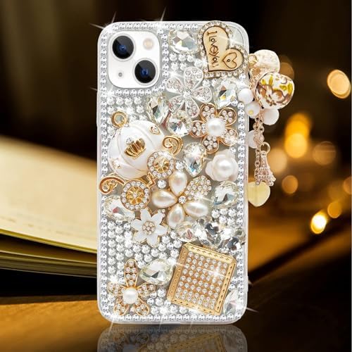Guppy for iPhone 12 Mini Case Women Luxury 3D Bling Shiny Rhinestone Diamond Crystal Pearl Handmade Pendant Iron Tower Pumpkin Car Flowers Soft Protective Anti-Fall Case for iPhone 12 Mini 5.4"