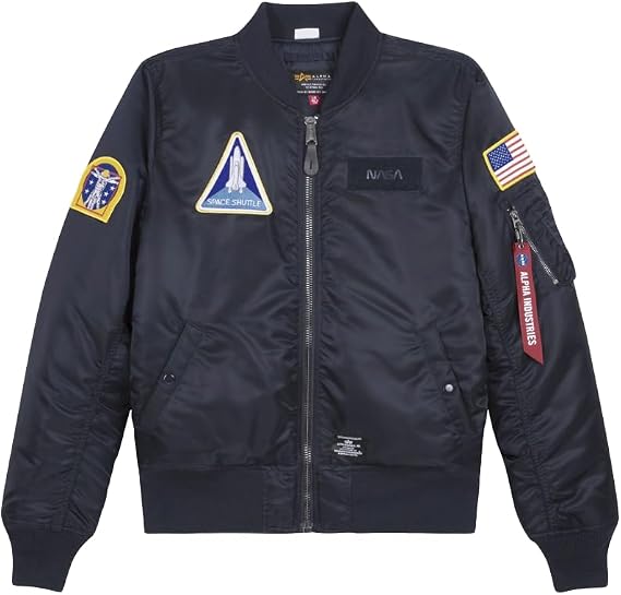 Alpha Industries NASA MA-1 Flight Jacket Gen II, Water-Resistant Bomber Jacket Space-Themed Patches, Utility Sleeve Pocket