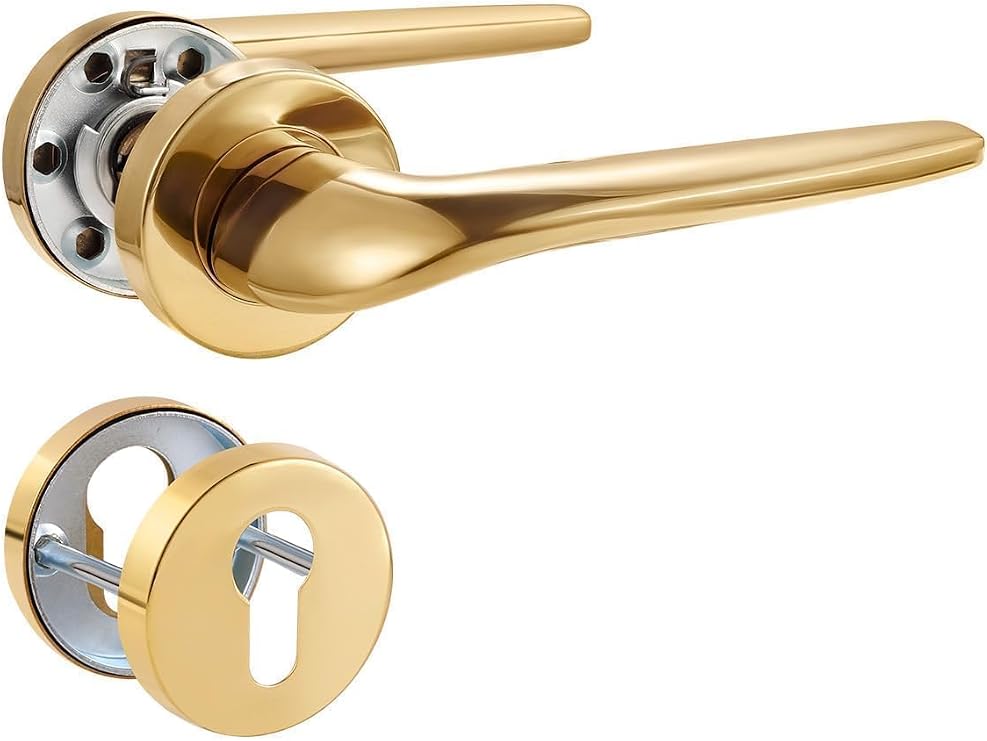 Türgriff Pvd Gold Drückergarnitur Edelstahl matt gebürstet Türklinke für Haustür und Innentür L-Form PZ - Profilzylinder Rund-Rosette
