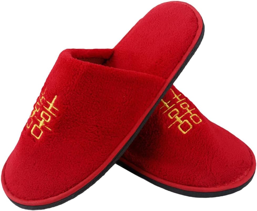 LOGOFUN Chinese Wedding Slippers Plush Home Slippers Slippers Printed with Traditional Chinese Happy Characters for Wife Husband Indoor Shoes - Red