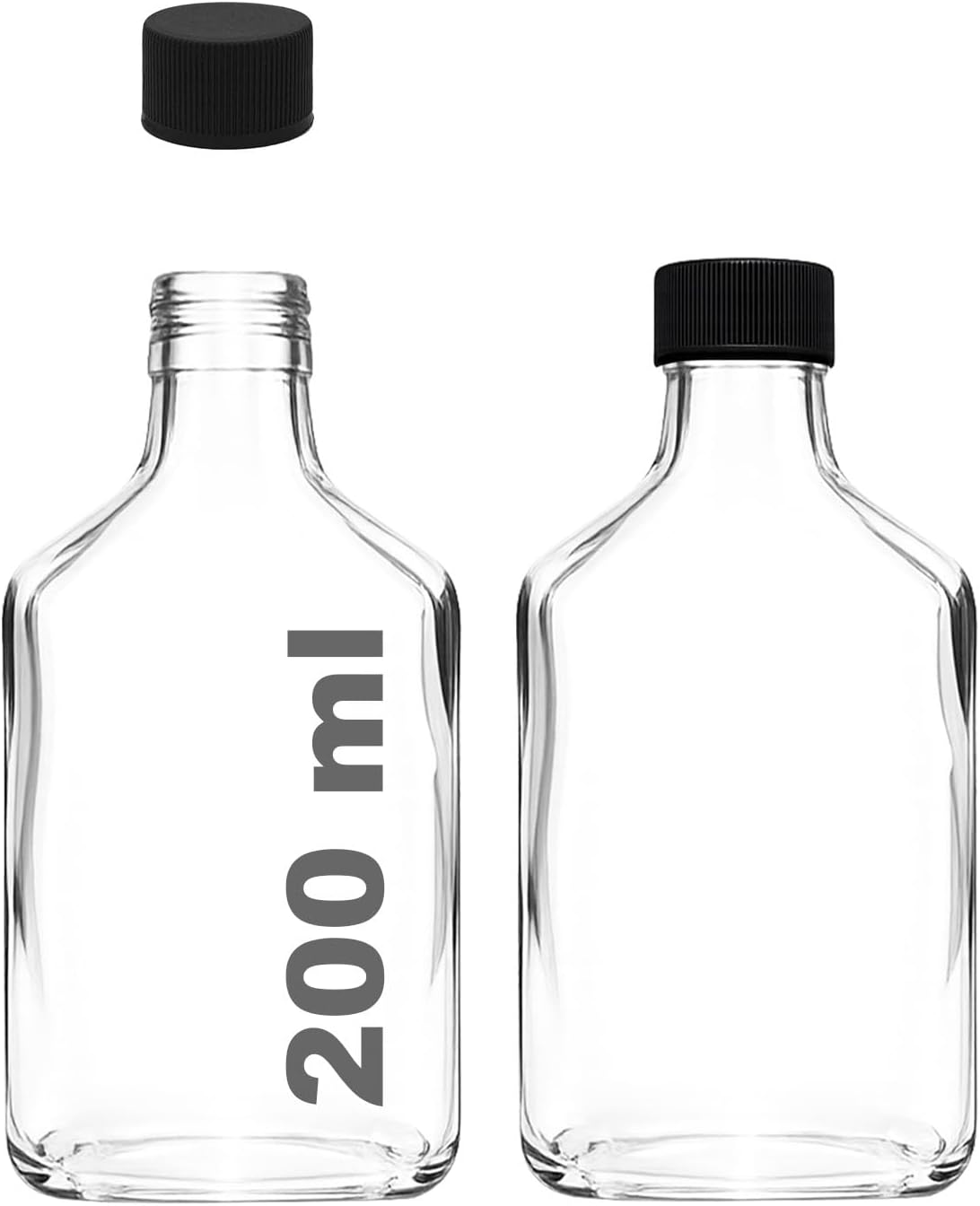 Afracam 200ml Flat Transparent Cold Brew Bottle 200 cc Cold Coffee Glass Bottle with Plastic Black Lid 2 Pieces
