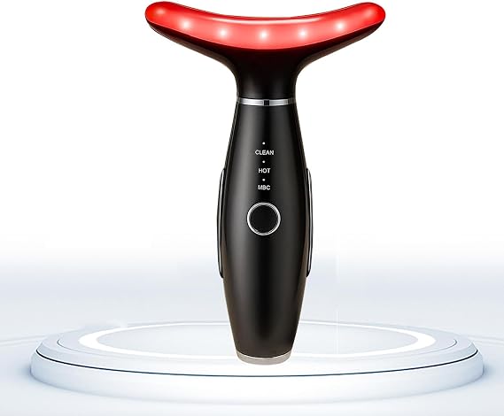 Face Massager -7 Color Red-Light-Therapy for Face and Neck for Wrinkles, Double Chin, Vibrating Facial Massager with Thermals (Black)