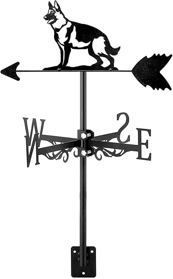 Metal Weather Vane Roof Mount Ornament Silhouette German Shepherd Dog Weathervane Retro Farm Scene Direction Indicator for Home Garden Patio Yard Decor