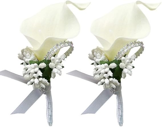 2Pcs Artificial Calla Lily Lavender Wrist Corsage Boutonniere Set, Groomsmen Bridesmaids Wedding Flowers Accessories Prom Party Decorations x-Purple