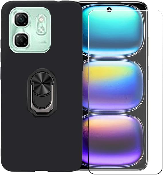 Case for Infinix Smart 9 (6.7") + Screen Protector Tempered Glass,Soft Gel TPU Silicone Protection Cover with Black Kickstand 360 Ring Holder Black Phone Case