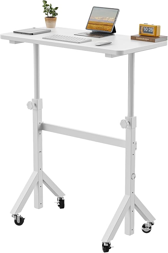 HUANUO Height Adjustable Standing Desk,6 Height Settings Up to 118cm,80x40cm Mobile Small Desk with Triangular Leg Design, Smooth Mobility with Lockable Wheels, Laptop Table