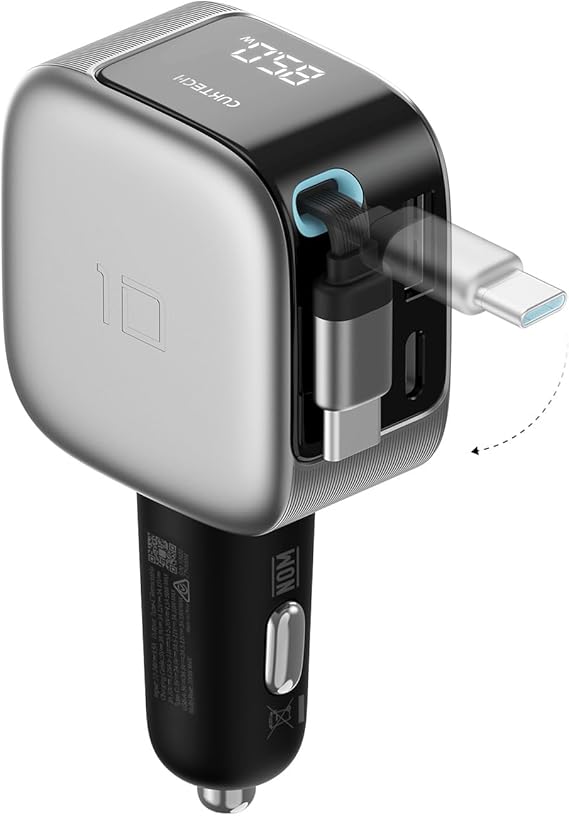 CUKTECH 85W USB-C Car Charger, Built-in 65W Retractable Cable, LED Display