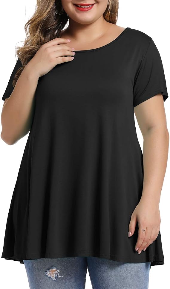 MONNURO Womens Plus Size Short Sleeve Swing Tunic Tops Casual Loose Fit Flare Basic T-Shirts
