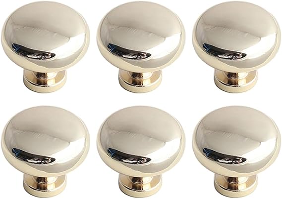 6 Pack Gold Cabinet Knobs 1.1" Bright Gold Drawer Knobs Zinc Alloy Single Hole Pulls for Dresser 28mm Round Cupboard Handles for Kitchen Wardrobe Cabinet Bathroom Hardware (6, Bright Gold)