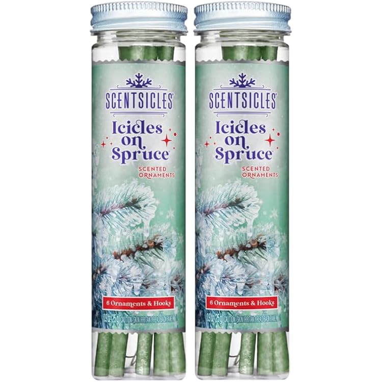 Scentsicles Icicles on Spruce Scented Christmas Ornament Sticks with 6 Hooks - 2 Bottles 12 Sticks Total