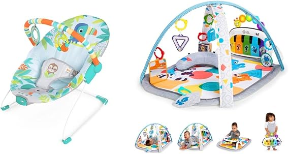 Bright Starts, Rainforest Vibes Baby Bouncer, Removable Toy Bar with 2 Toys & Baby Einstein, 4-in-1 Kickin' Tunes and Language Discovery Play Gym with Piano, Mat
