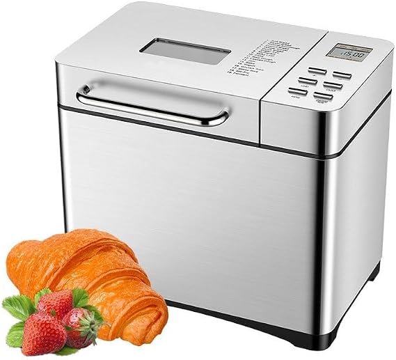 Stainless Steel Bread Machine, 2LB 17-in-1 Bread Maker with Fruit Nut Dispenser, Nonstick Ceramic Pan& Digital Touch Panel, Reserve& Keep Warm Set