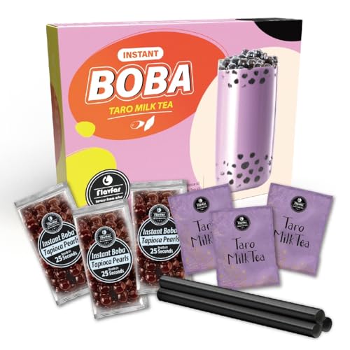 Flavfar Instant Boba Bubble Taro Milk Tea Kit with Delicious Tapioca Boba | Ready in Just 25 Seconds | The Ultimate Bubble Tea Kit with Boba Straws for Gifting - 3 Servings
