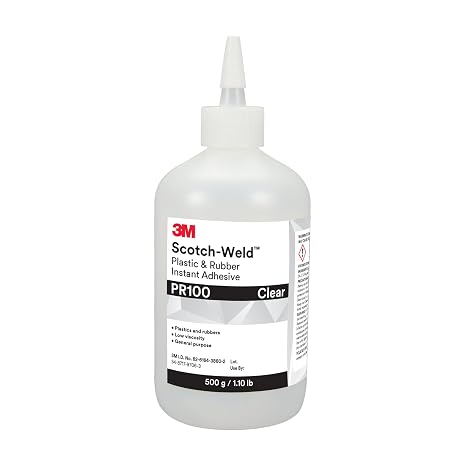 3M Scotch-Weld Plastic & Rubber Instant Adhesive PR100, Clear, Low Viscosity, Fast Handling Time and Cure, 500 g (1.10 lb) Bottle, 1/Case