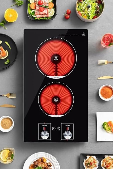 ADVWIN 2 Burner Electric Cooktop,110v Electric Cooktop 1800W with Knob Control,12 Inch Countertop & Built-in with Child Safety Lock, Timer, 9 Power Levels and Over-Temperature Protection