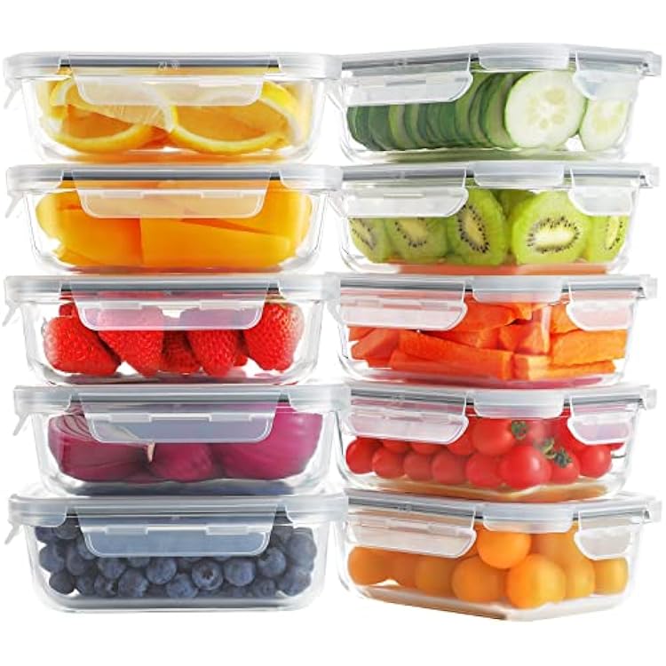 Bayco 10 Pack Glass Meal Prep Containers with 10 lids, Airtight Lunch Bento Boxes for Food Storage, BPA-Free & Leak Proof - Grey