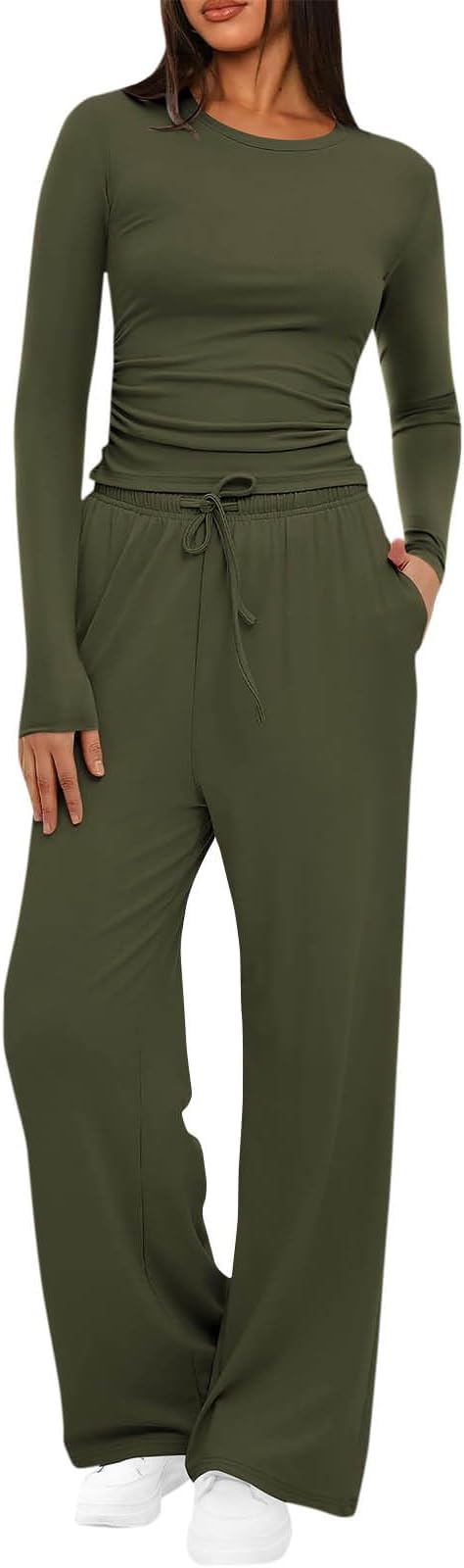 Women's 2 Piece Matching Lounge Set Long Sleeve Y2k Tops Wide Leg Pants Outfit Casual Sweatsuits Fall Sweat Suits