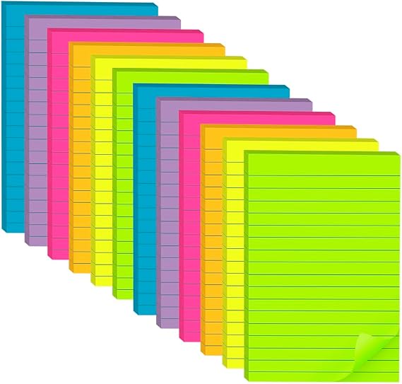 Wowivy (12 Pack) Lined Sticky Notes 4x6 in,Bright Large Notepads with Lines