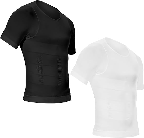 2Pack Men's Compression Slimming Shirt, Body Shaper Slimming Tee for Men, Tummy Control Shapewear, Men's Belly Shaper Shirt for Adult Teenager