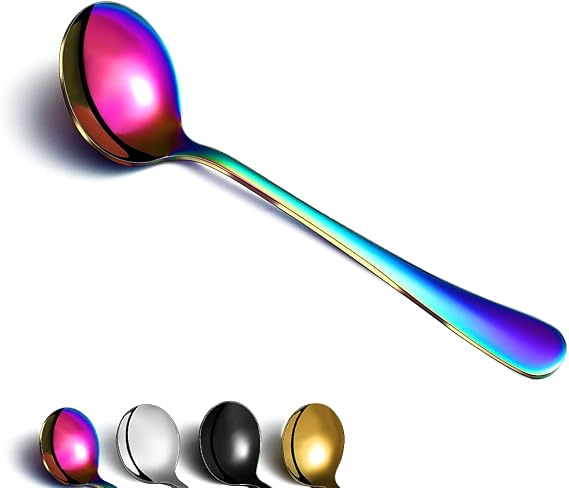 Rainbow Soup Spoon of 4, Berglander 7.5" Stainless Steel Titanium Plating Shiny Mutilcolor Round Spoons Silverware, Colorful Table Spoon Table Spoons Set Sturdy Easy To Clean, Dishwasher Safe