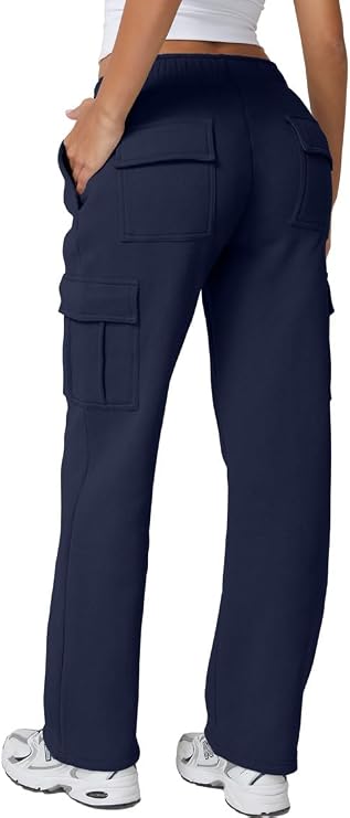 QINSEN Womens Elastic Medium Waist Pocket Sweatpants Fleece Cargo Pants