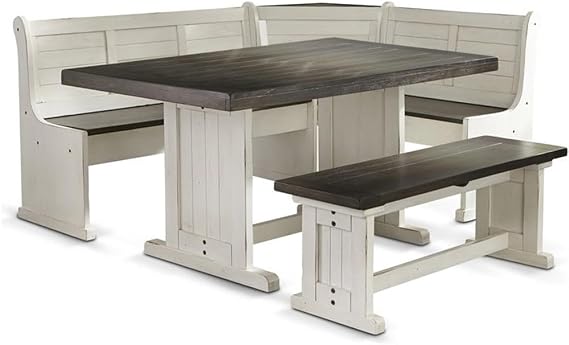 MAKLAINE Wood Breakfast Nook Set, Mindi Tops and Mahogany Bases, Off White and Dark Brown Finish, Hidden Storage Benches, Reversible Design, European Cottage Style Dining Set for Small Spaces
