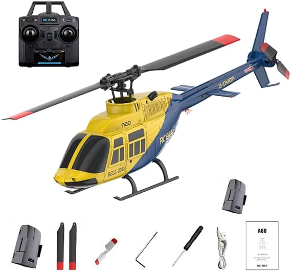RC ERA A60 Bell 206 RC Helicopter for Adults, 1/42 Scale Single Rotor Flapless RC Helicopter, 6G 6CH Remote Control Aircraft Model with Altitude Hold & One-Key Takeoff Landing (RTF/2Battery)
