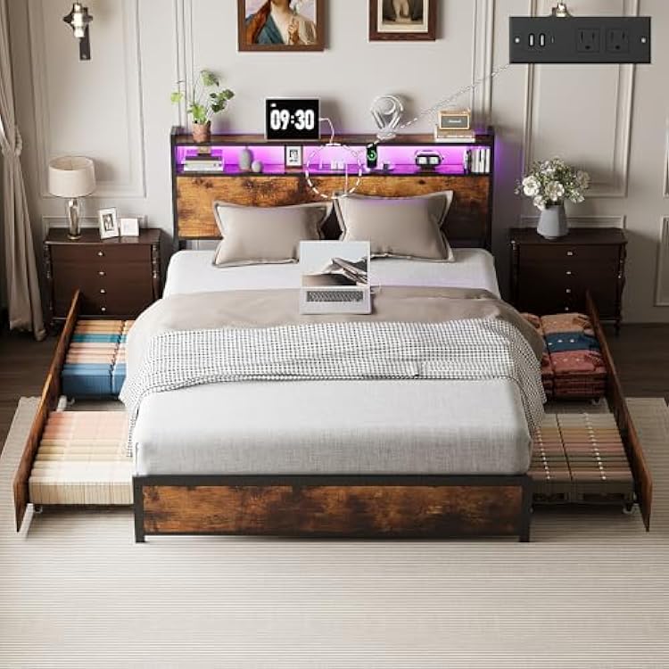 VINGLI Full Platform with 4 Storage Drawers and Headboard, Metal Double Bed with Charging Station and LED Lights, No Box Spring Needed, Noise Free, Easy Assembly, Vintage Brown