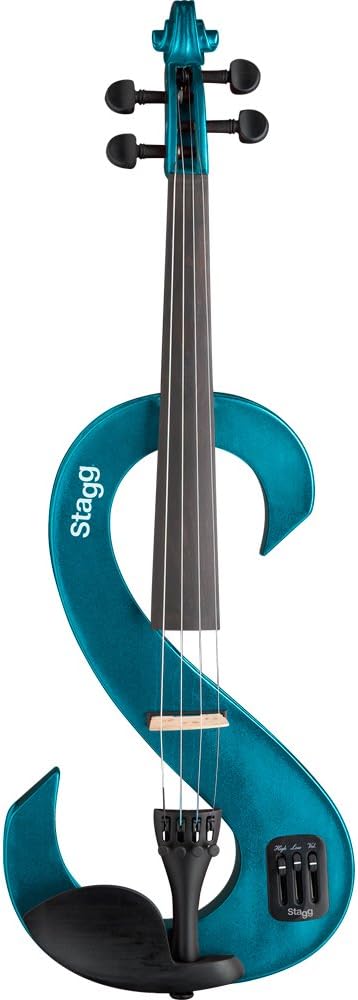 Stagg Full Size 4/4 Electric Silent Violin Set with Bow, Hard Case, Strap, Stereo Headphones and Rosin, Metallic Blue, S Shape