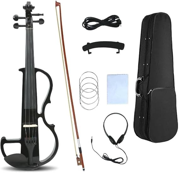 Electric violin 4/4 full size Silent Electric Violin Solid Wood body Ebony Fittings with case,bow, headphone,cable,strings for Students, Beginners and Adults (Black)