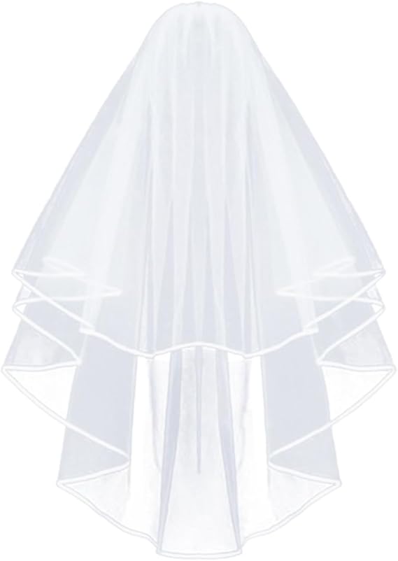 Wedding Veil,White Bridal Veil with Comb, 3 Tier Ribbon Edge with Pearl Center Cascade for Bachelorette Party