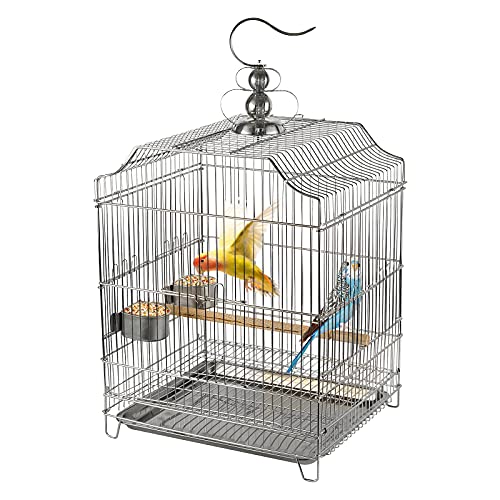 Lilithye Large Stainless Steel Parakeet Bird Cage 30 Inch Height Hanging Parrot Bird Cages with Stand for Cockatiels African Grey Quaker Parakeets Conures Pigeons Flight Perches Birdcage