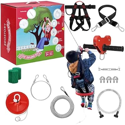 120 Feet Backyard Zip Line Kit for Kids and Adult Outdoor Up to 330lb with Stainless Steel Ziplines Spring Brake and Safety Harness, Christmas and Birthday Gifts for KidsRed