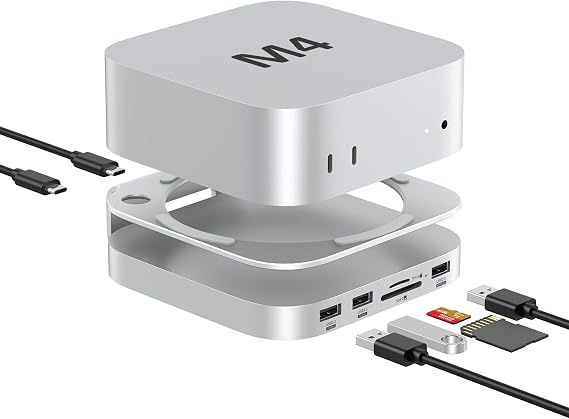 AKKYAJAURE Mac mini Hub: 9 in 1 Aluminum Stand & Dock for Mac mini M4 Pro with M.2 NVMe SSD Enclosure, 10Gbps USB-A*2, SD/TF Card Readers, USB 2.0