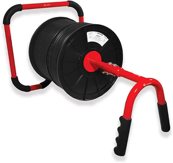 Steren Vertical Cable Caddy | Dish Branded Wire Reel Dispenser, Heavy Duty Steel Spool Holder, Locking System, Supports up to 1000 ft Reels