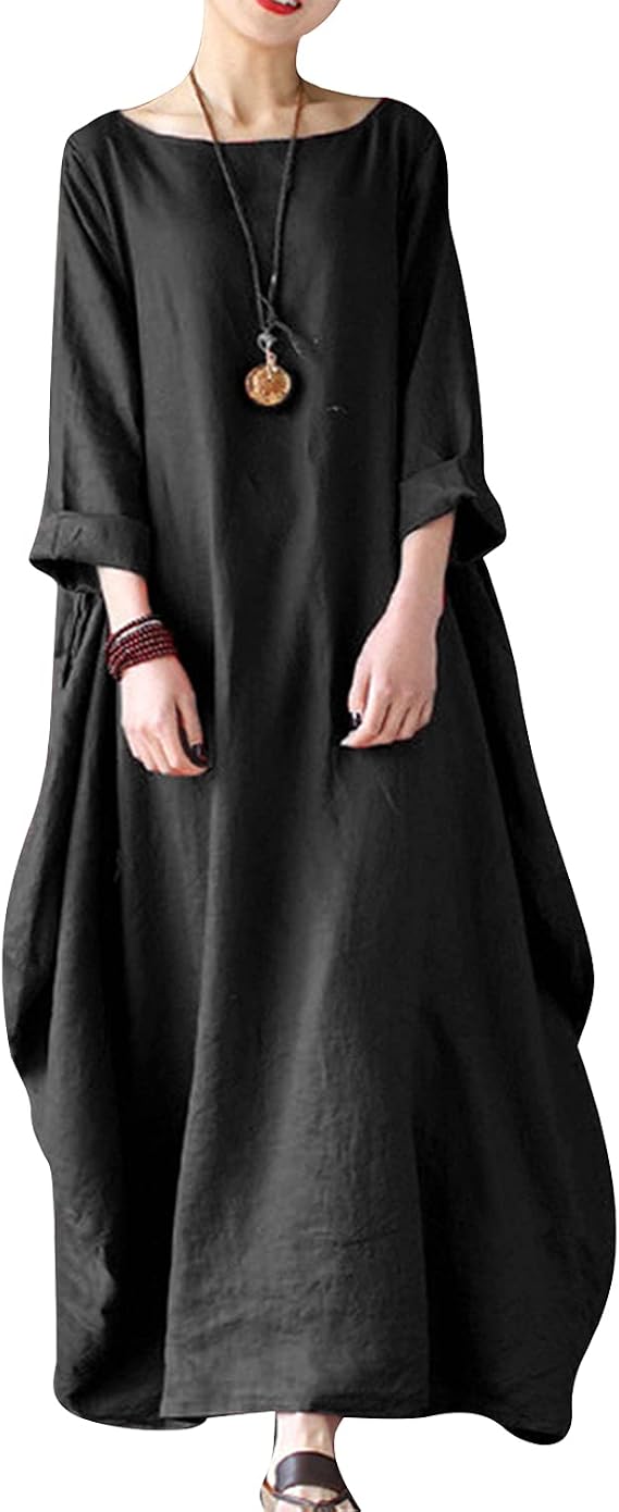 Celmia Autumn Solid Loose Long Maxi Dress Cotton Caftan
