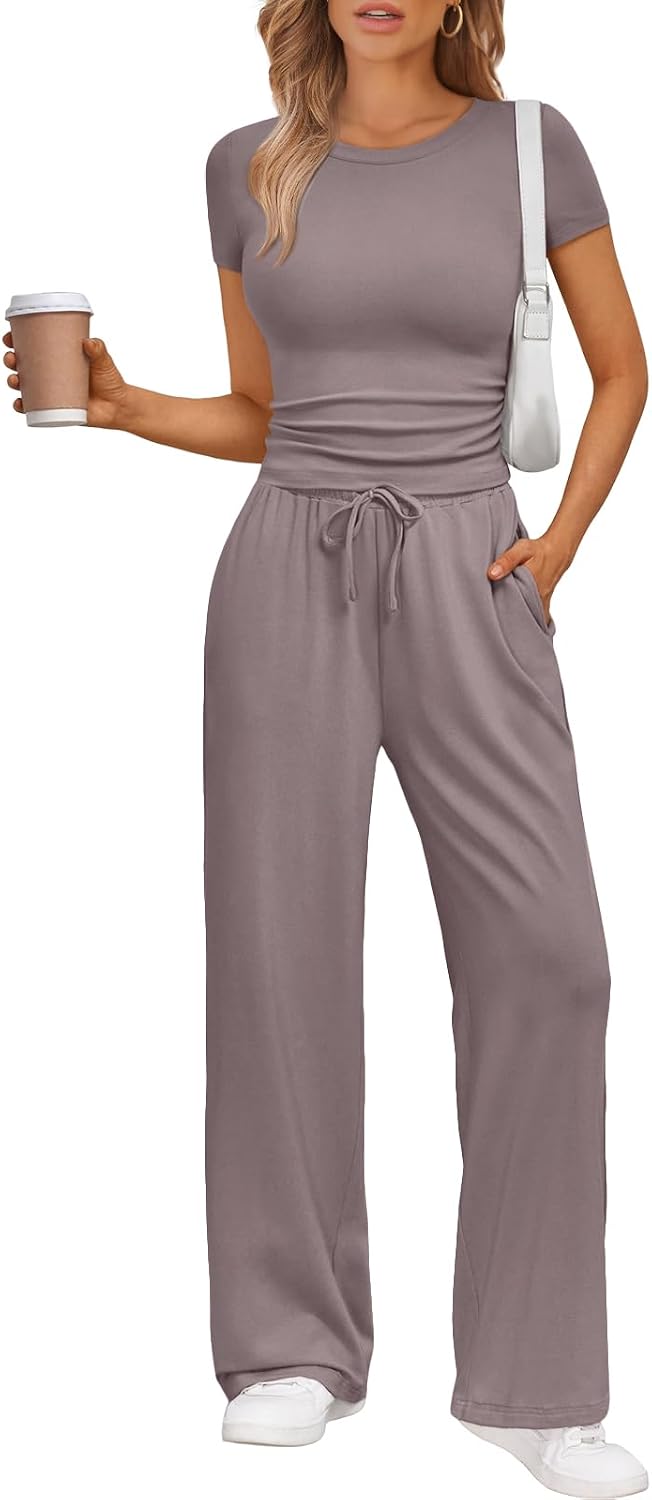 Trendy Queen 2 Piece Matching Summer Sweatsuit Lounge Set Womens Wide Leg Pants Side Ruching Crop Top Sets