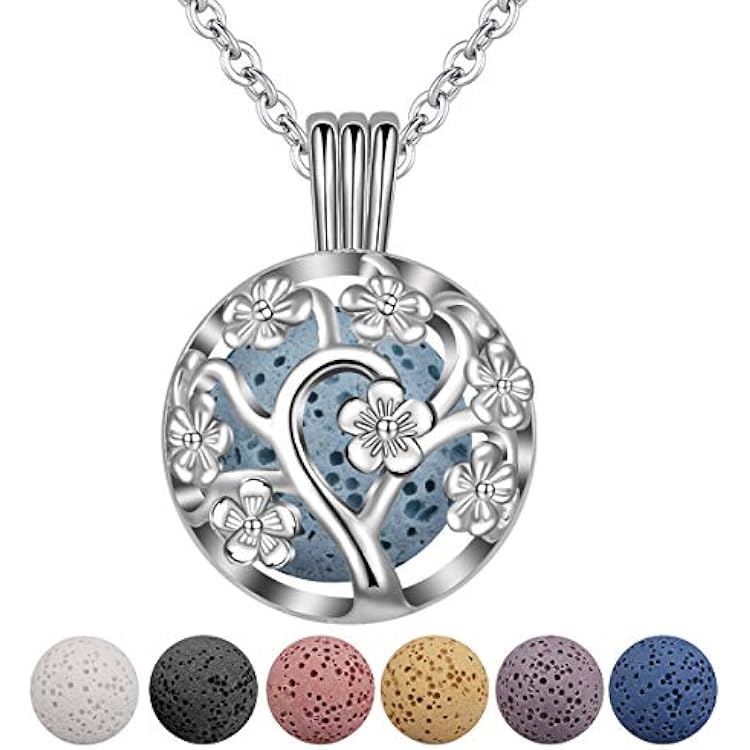 INFUSEU Sakura Tree Aromatherapy Necklace, Essential Oils Diffuser Locket Pendant with 7 PCS Lava Rock Stones and 24 Link Chain