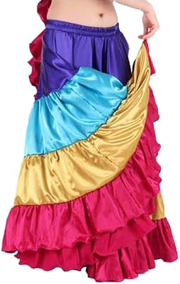 Indian Trendy Womens Satin Tiered 6 12 25 Yard Swing Halloween Belly Dance Tribal Skirt Gypay Flamenco