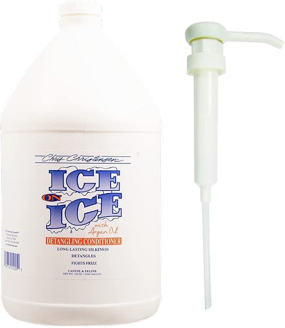 Chris Christensen Ice on Ice Detangling Dog Conditioner, Suitable for all Coats, Dematts & Moisturize + Gallon Pump Dispenser, Easily Dispenses, No Mess