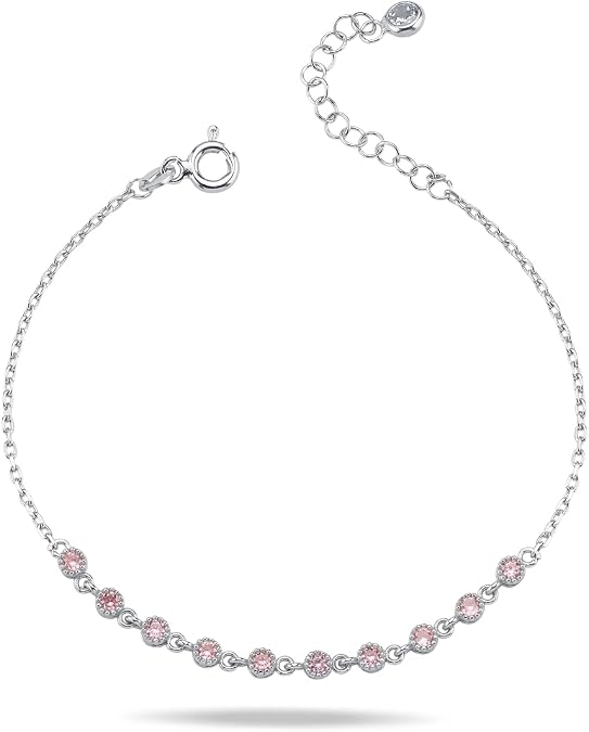 NEREZE 925 Sterling Silver Rhodium Plated Tiny Row Pink Zircon Stone Bracelet
